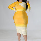 Plus Size Long Sleeve Two Tone Bodycon Midi Dress Yellow