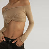 Mesh Off Shoulder Crop Top Brown