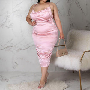 Plus Size Sleeveless Draped Satin Midi Dress Pink