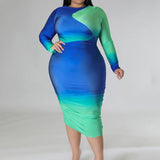 Plus Size Long Sleeve Two Tone Bodycon Midi Dress Blue