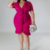 Plus Size Draped V-Neck Ruffle Midi Dress Pink