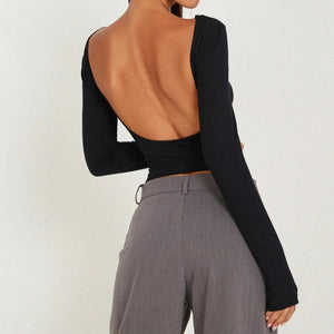 Long Sleeve Backless Crop Top Black