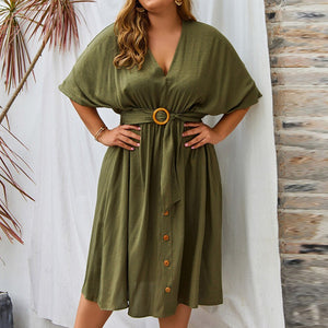 Plus Size Wooden Belt Midi Dress Green