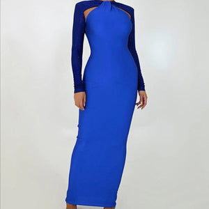 Long Sleeve Cut Out Bodycon Maxi Dress Blue