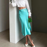 Solid Satin Midi Skirt Teal