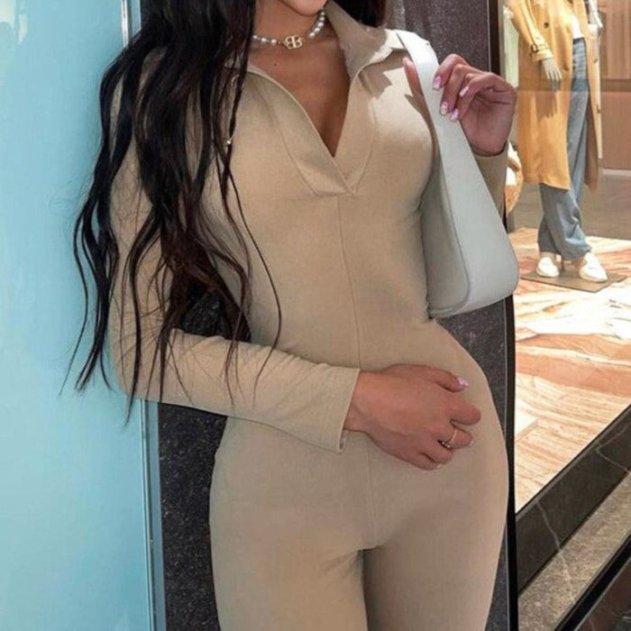 Solid Long Sleeve V-Neck Flared Jumpsuit Khaki