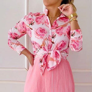 2-Piece Floral Print Top and Mini Pleated Skirt Matching Set Pink Floral