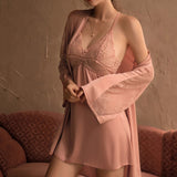 3-Piece Silk Embroidery Lace Sleepwear Set Pink