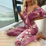 2-Piece Satin Short Sleeve Pants Sleepwear Set Purple Floral