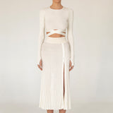 2-Piece Crew Neck Cross Tie Top and Midi Skirt Matching Set White