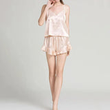 2-Piece Silk Satin Ruffled Sleepwear Set Beige