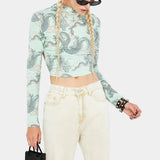 Printed Mock Neck Crop Top Mint Dragon