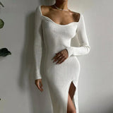 Knitted Long Sleeve Heart Collar Sweater Midi Dress White