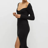 Knitted Long Sleeve Heart Collar Sweater Midi Dress Black