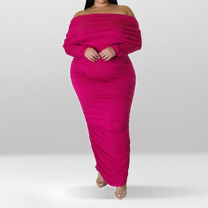 Plus Size Off Shoulder Ruched Long Sleeve Maxi Dress Pink