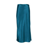 Solid Satin Midi Skirt Blue Green