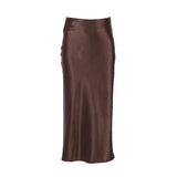 Solid Satin Midi Skirt Brown